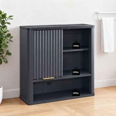 Modern Fluted Sliding Door Bathroom Wall Cabinet With Faux Marble Top, Adjustable Shelf And Curved Design Wall Mounted Storage Organizer