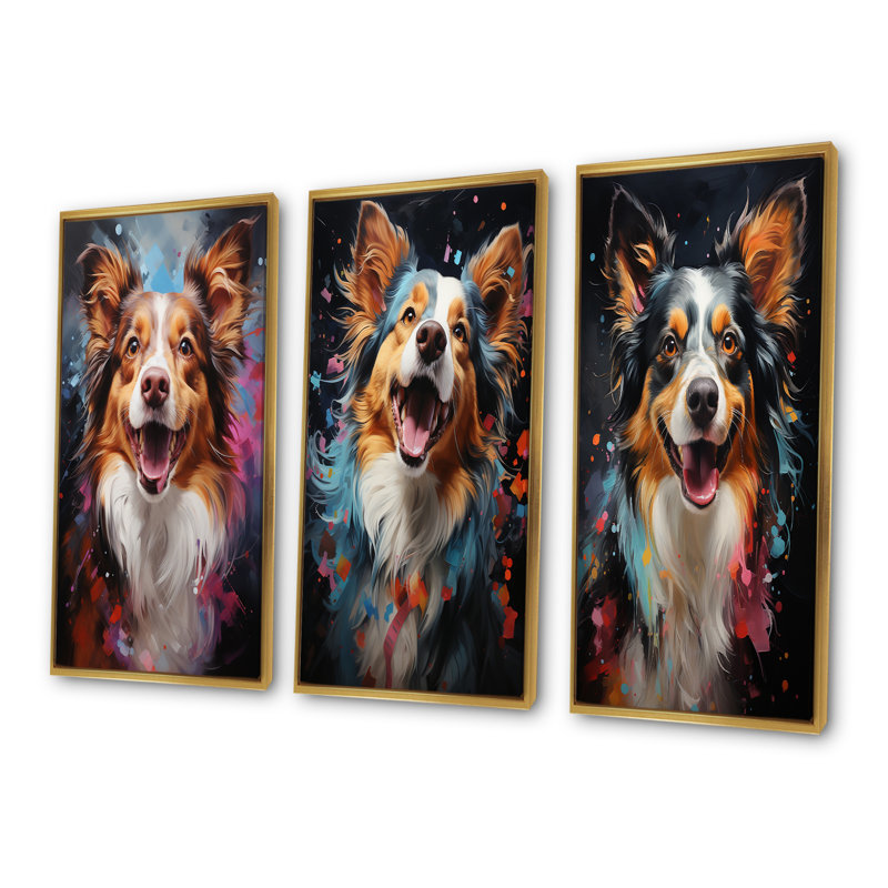 Papillon Prance - ensemble de 4 décorations murales pour chien, Cadre flottant doré, H 28 po x l 36 po