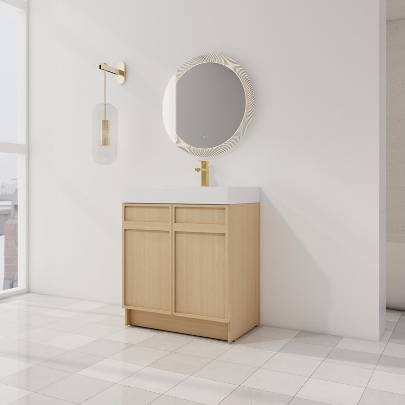 Meuble-lavabo autoportant à fermeture en douceur avec lavabo en résine blanche