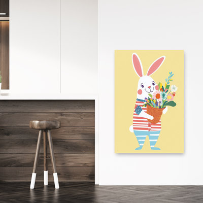 Cheerful Bunny Flowers Colorful Playful Contemporary Rabbit Flower Spring Wall Art Print by Mathieu - Wrapped Canvas Print