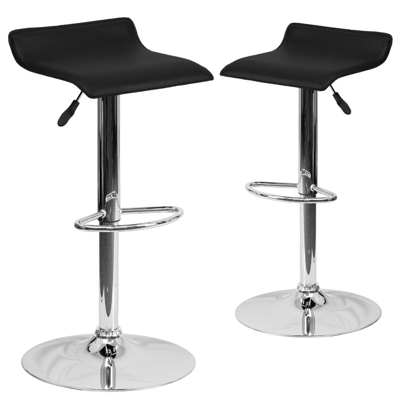 Tabouret de bar contemporain à hauteur réglable en vinyle avec siège ondulé uni et base chromée Murphy, Noir