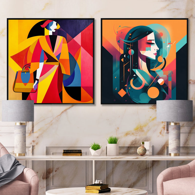 Portrait féminin art déco féminin, Cadre flottant noir, H 16 po x l 33 po