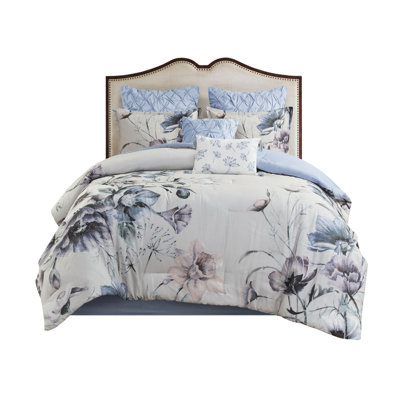 8 Piece Bedding - Blue King Comforter , Cotton Printed, Bedroom With Bed Skirt And Pillows Design, Soft