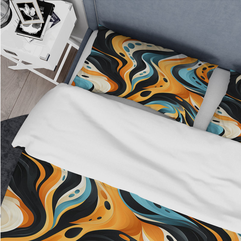 Retro Futurism In Orange and Blue Waves - Ensemble de housse de couette abstrait - Microfibre de polyester