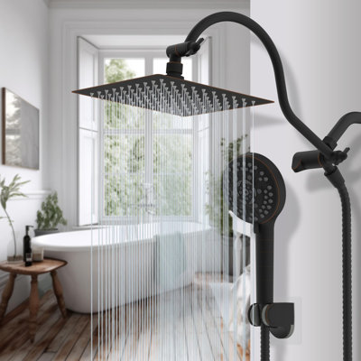 8'' High Pressure Rainfall Shower Head, With 12'' Adjustable Curved Shower Extension Arm, 10-Spray, 71'' Hose, Handheld Showerhead Combo