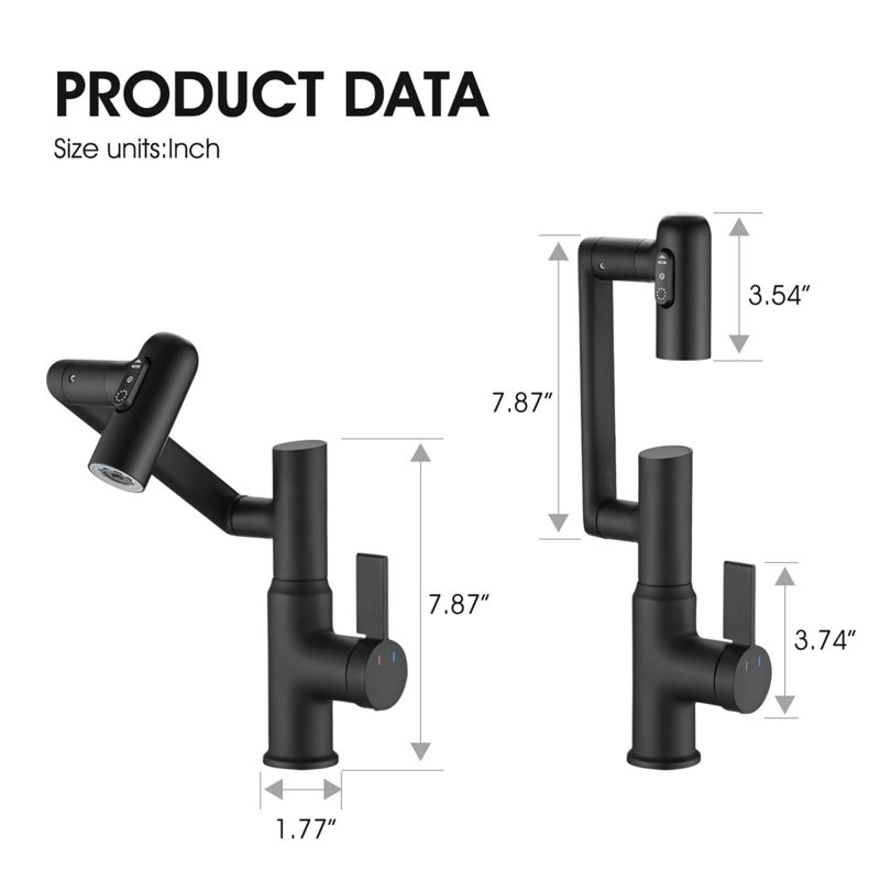 Bathroom sink mixer with spray function and temperature display for non-slip switch and hot/cold and 360° swivel, Matte Black