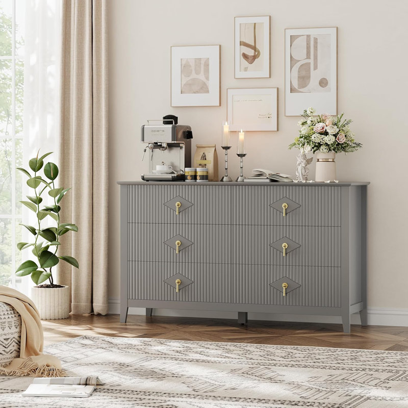 Commode pour chambre à coucher avec 6 tiroirs, commode extra large 54 "avec poignée en métal, Gris