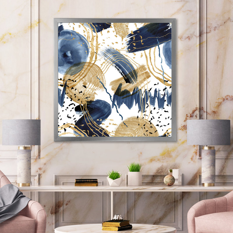 Motif abstrait avec textures bleu foncé et or - peinture sur toile à cadre flottant, Toile avec cadre argenté