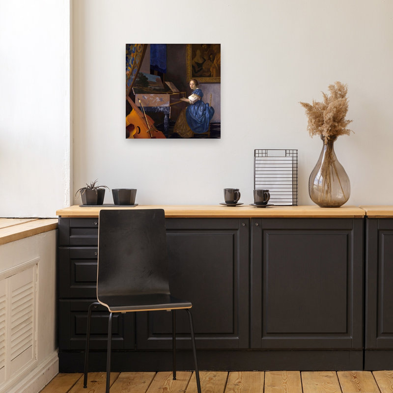A Young Woman Seated At A Virginal Classic Contemporary Portrait Wall Art Print by Johannes Vermeer - Wrapped Canvas Print