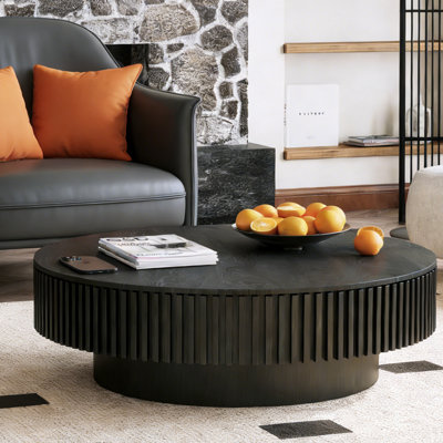 Table basse ronde moderne avec placage en bois massif avec rangement | Finition noire | Style contemporain pour salon, chambre à coucher, appartement ou bureau