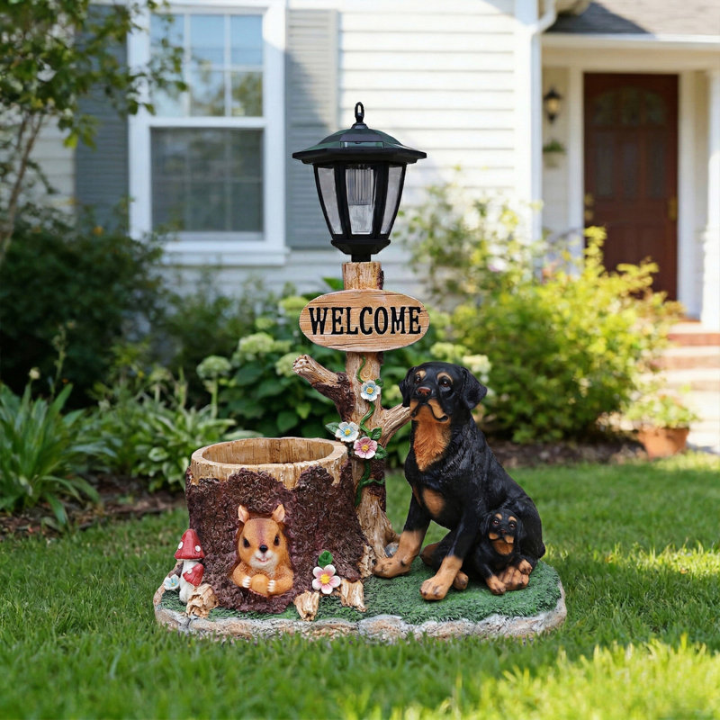 Statue d'extérieur de jardinière solaire chiot assis