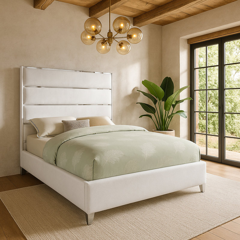 Dietz Upholstered Platform Bed, Full, White Velvet