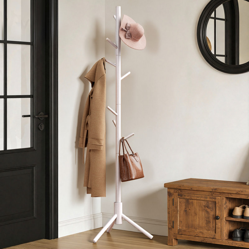 Adosinda 8 - Hook Freestanding Adjustable Solid Wood Coat Rack for Bedroom, Closet, Entrance, White