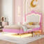 Structure de lit simple tapissier avec lumières à DEL, lit princesse rembourré moderne avec tête de lit couronne, rose et blanc