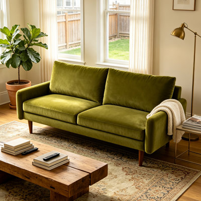 70" Modern Velvet Sofa with Tapered Legs & Square Arms, European Style 3-Seater Couch in Olive Green for Living Room, Apartment, Office