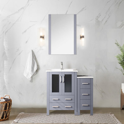 Meuble-lavabo gris foncé l 36 po x P 18,25 po avec armoire latérale, comptoir et robinet en céramique blanche, résistance aux égratignures, aux taches et aux chocs dans la salle de bain