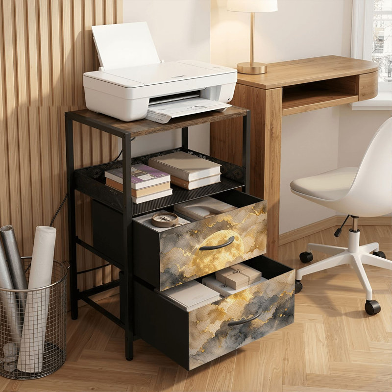Table de chevet 2 tiroirs avec station de charge, table de chevet avec ports USB et amp; Outlets, tablette ouverte noire, table de chevet avec impression abstraite d'accents métalliques de Golden Cloud