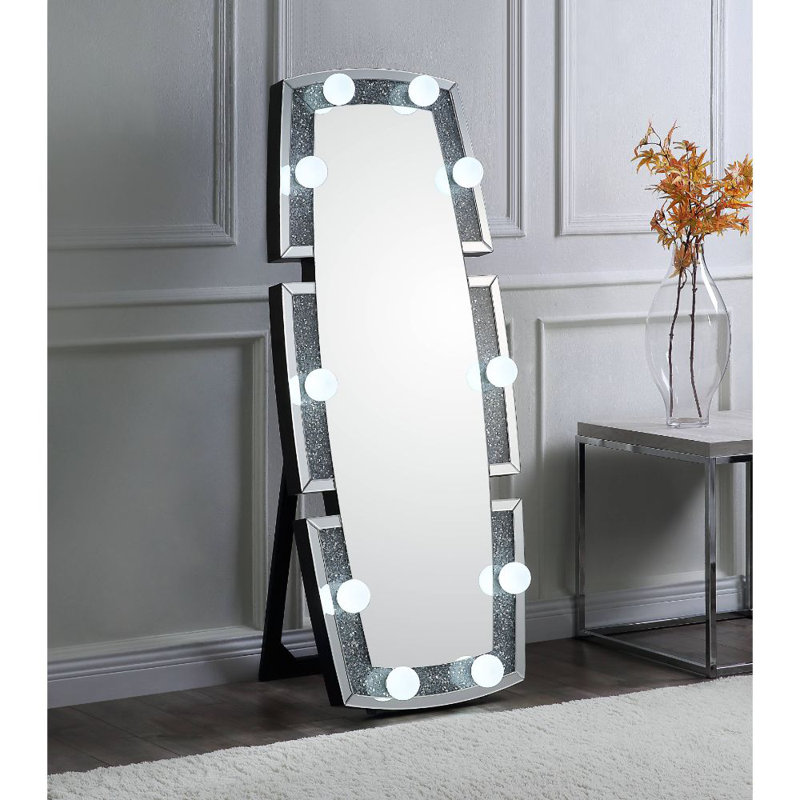 Full-Length Rectangular Wood Floor Mirror with LED Light