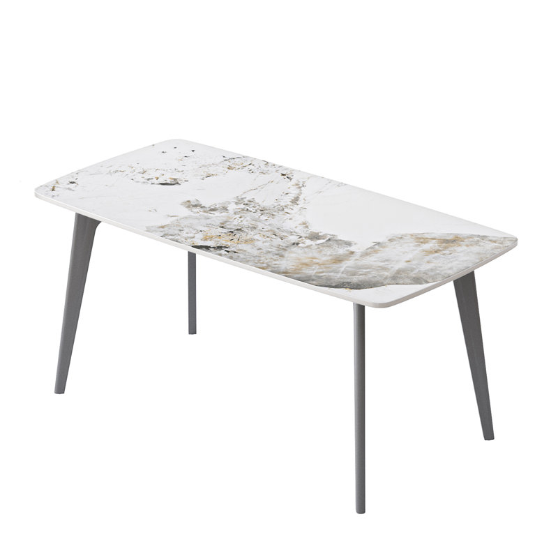 62.99" Modern Artificial Stone White Pandora Curved Edge Dark Grey Metal Leg Dining Table-Can Accommodate 6 People(Dining Table Only)