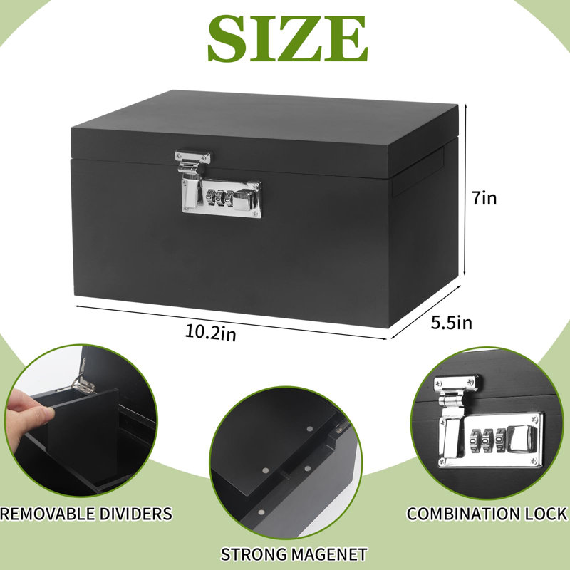 Large Black Bamboo Box With Combination Lock,Smell Proof Box With Detachable Compartment, Wooden Decorative Storage Box With Alright Jars & Brushes