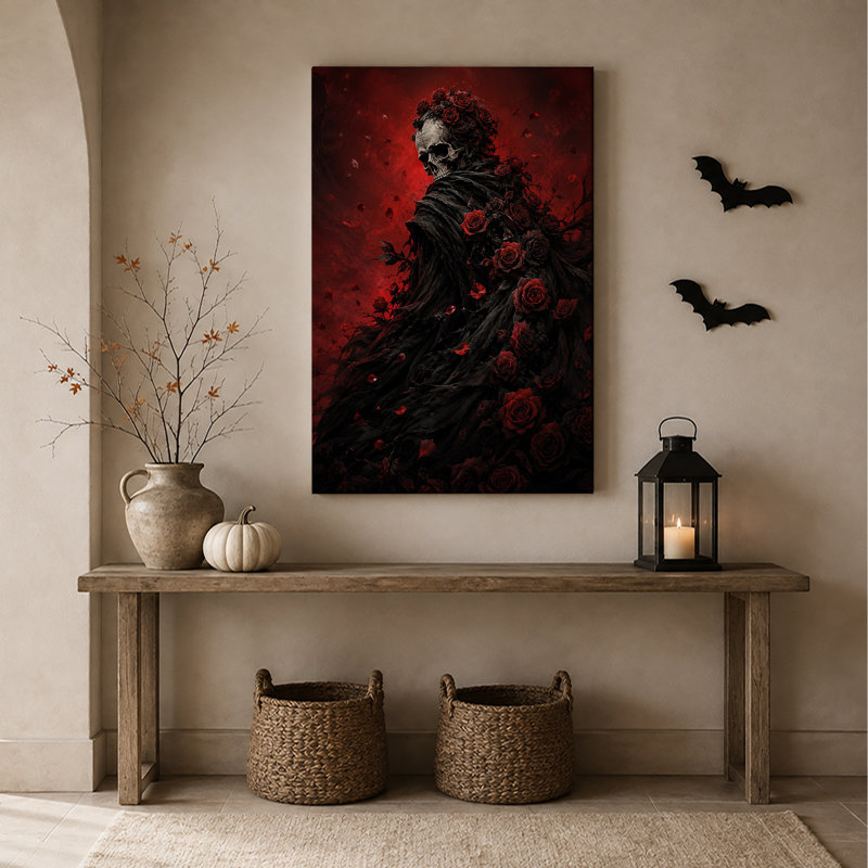 Art mural sur toile gothique squelette couvert de roses rouges, H 24 po x l 18 po