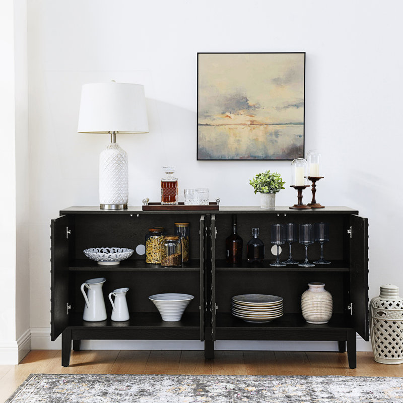 Buffet avec rangement, buffet campagnard cannelé à motif géométrique et tablettes réglables, armoire de salon