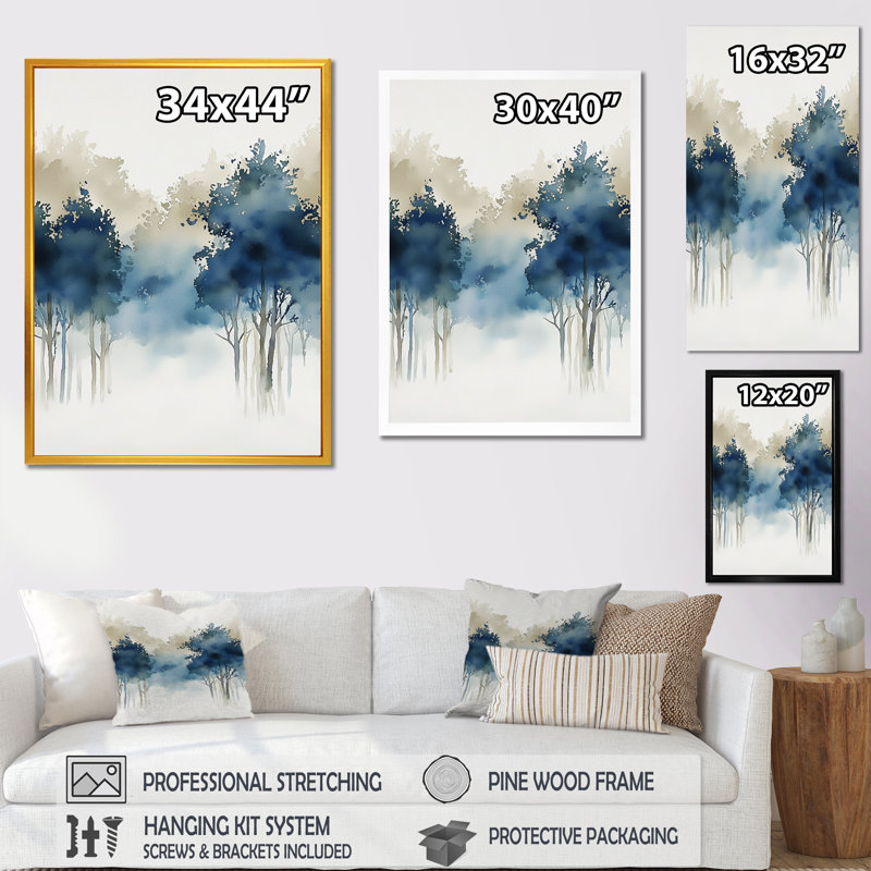 «Blue and Gray Istanbul Countryside», art mural campagne bleue, impression sur toile, H 40 po x l 30 po, Cadre flottant, Doré
