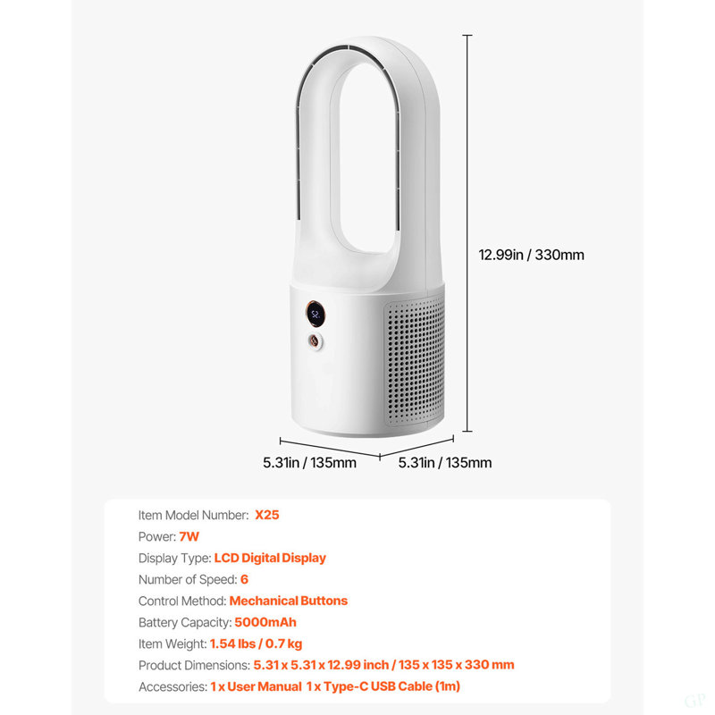 Ventilateur de bureau portatif sans lame 12,99 "à 6 vitesses avec batterie pour chambre à coucher et bureau