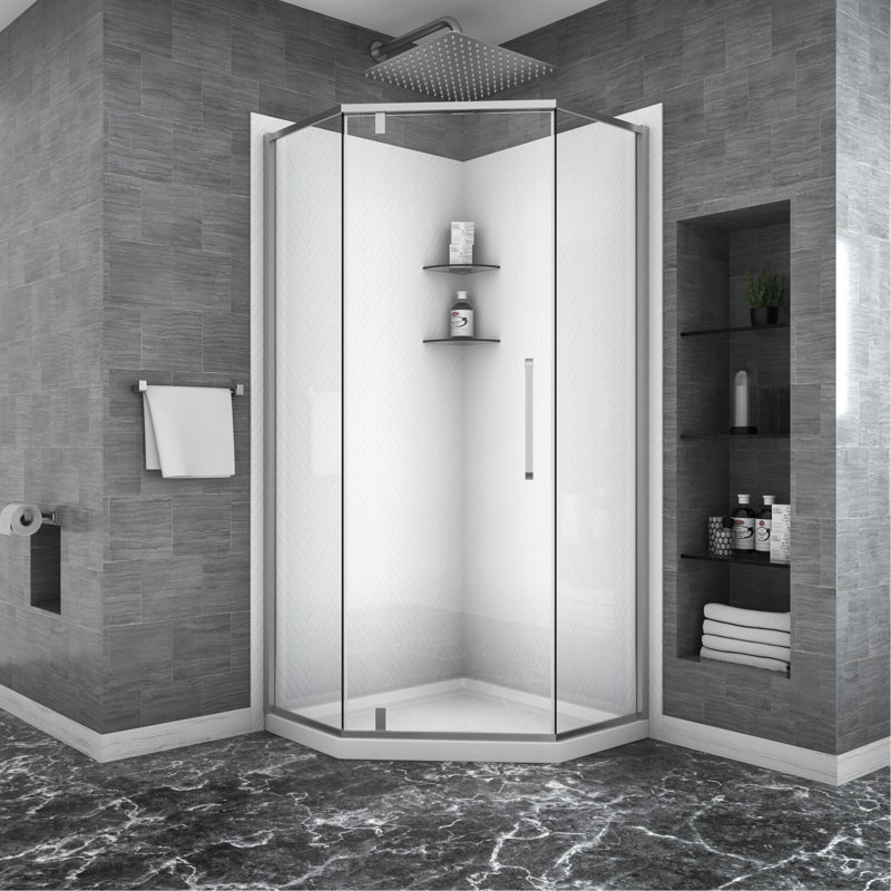 Shower Door 34-1/8" X 72" Semi-Frameless Neo-Angle Hinged Shower Enclosure, 5/16 In. (8Mm), Brushed Silver