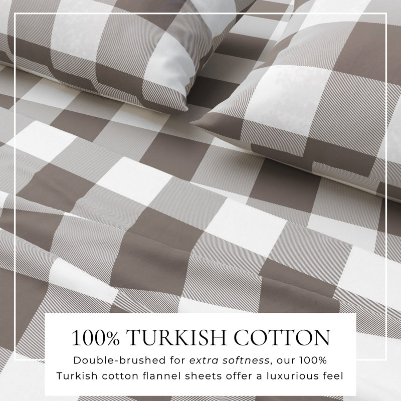 Ensemble de draps 100% flanelle de coton, Très grand californien avec deux taies d'oreiller, Gros carreaux - gris