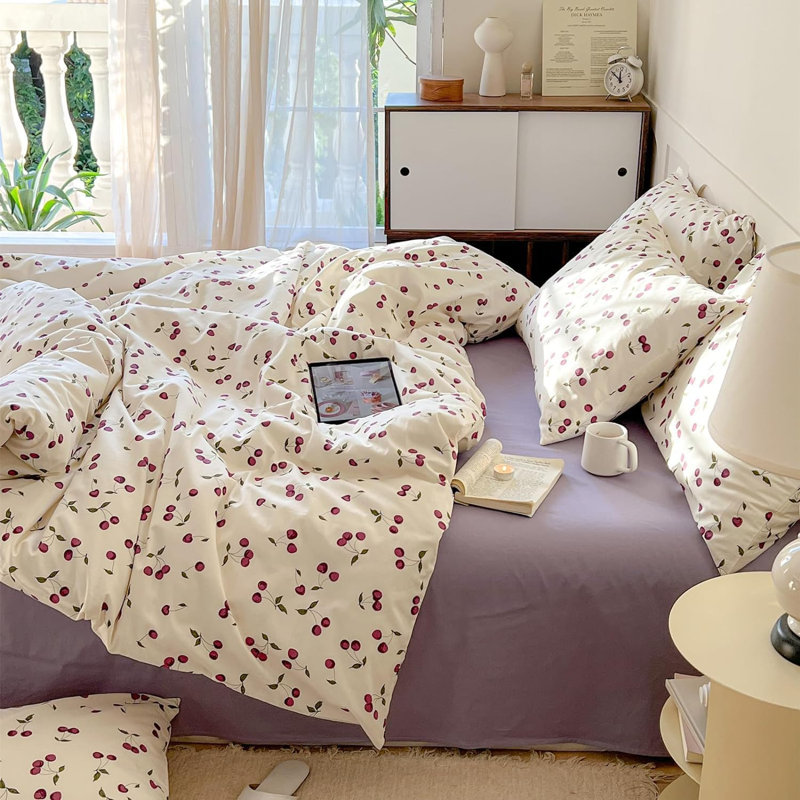 Housse de couette Bedding Violet White Cherry, Housse de couette grand et 2 taies d'oreiller stan