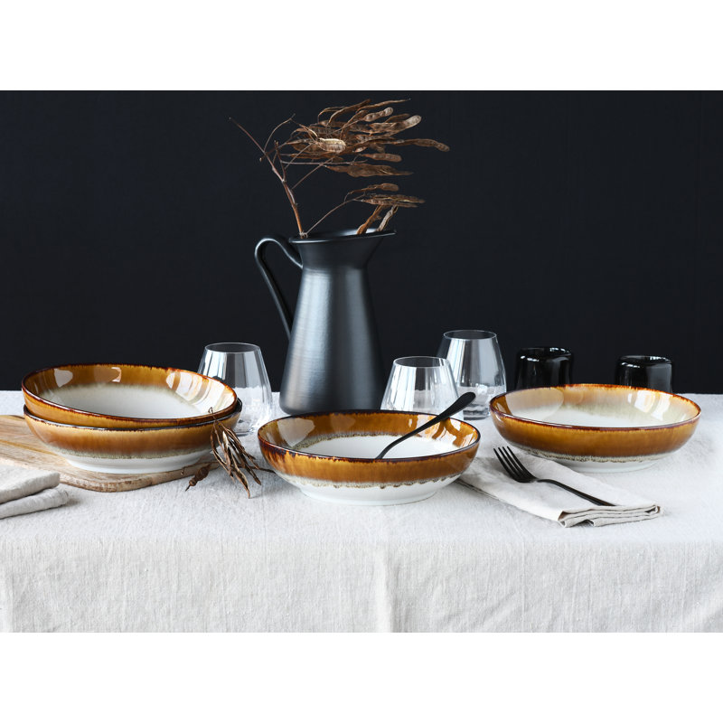 Cascade Bowls collection, 4 piece dinnerware set, poke bowl set made of stoneware, Brown/Cream