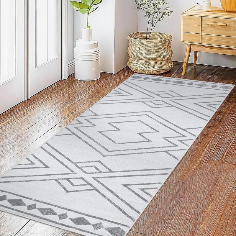 2x6 Geometric Rug – Thin, Low Pile, Non-Slip, Washable, Stain-Resistant, Reinforced Edges for Living Room, Bedroom, Kitchen, Blue