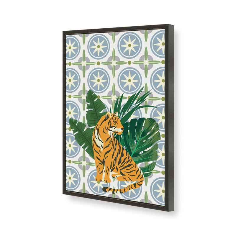 Tigre et motif tropical, H 21 po x l 17 po, Noir satiné