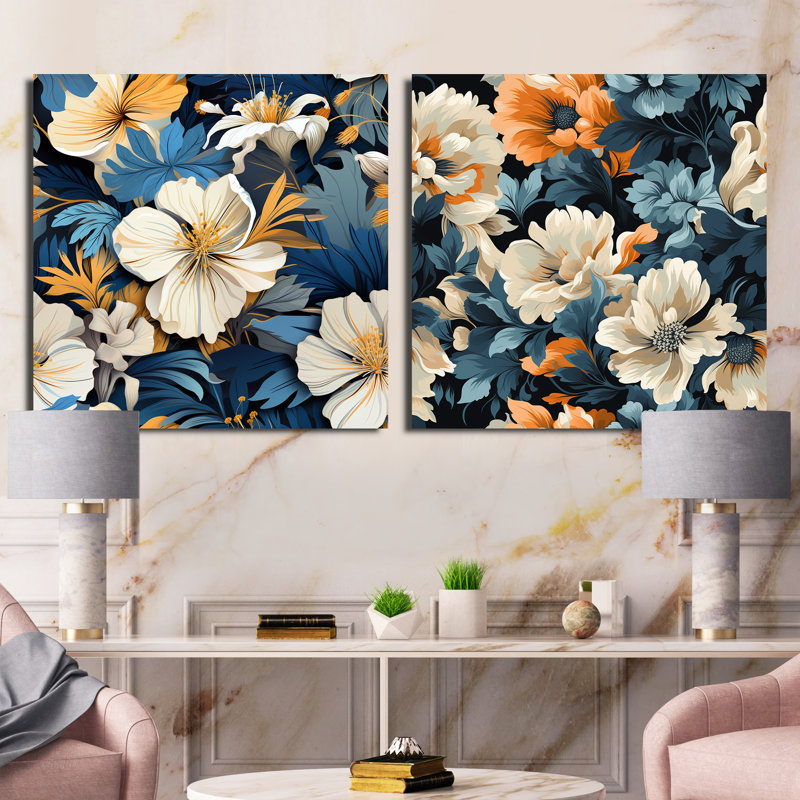 Lylou - Ensemble de 2 collages floraux carrés, H 16 po x l 33 po, Toile tendue