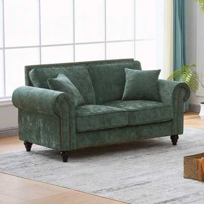 63" Modern 2-Seater Sofa with Rolled Arms,Chenille Upholstered Couch with Wood Legs and Nailhead Trim for Living Room, Apartment,Green