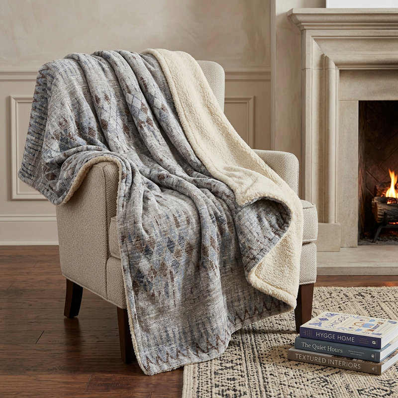 50" X 70" Blue And Grey Geometric Polyester Woven Plush Throw Blanket