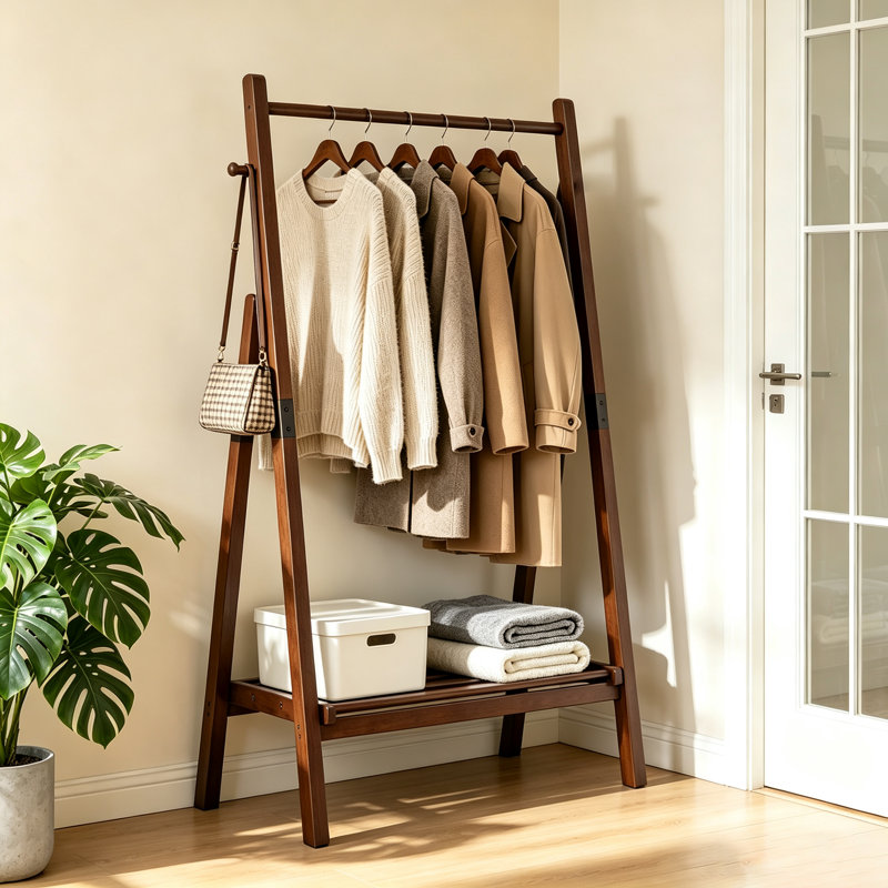 Portant à vêtements autoportant en bois massif, en forme de A, avec étagère de rangement inférieure et crochets latéraux, idéal pour la chambre, l'entrée, le couloir et la buanderie (noyer).