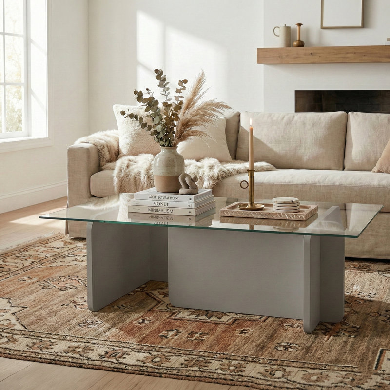 Rectangle Tempered Glass Coffee Table, Gray, 11.8" H x 41.3" L x 25.6" W