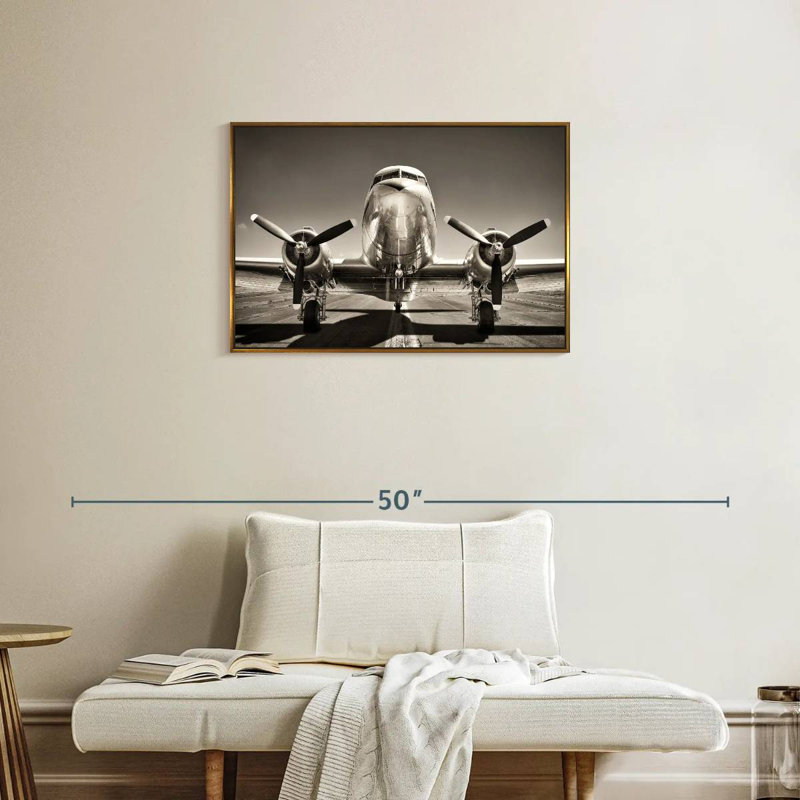 Avion rétro noir et blanc, Cadre flottant doré, 31 po x 21 po