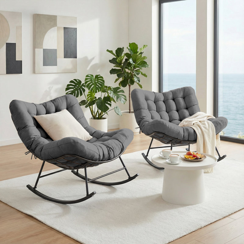 Constantino 2-Person Oversized Patio Rocking Chair Set With Thick Cushions, Gray