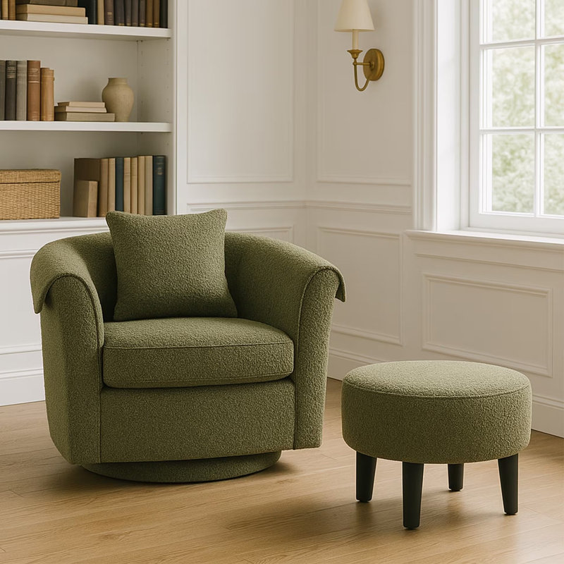 Chenille Swivel Accent Chair with Ottoman, Green