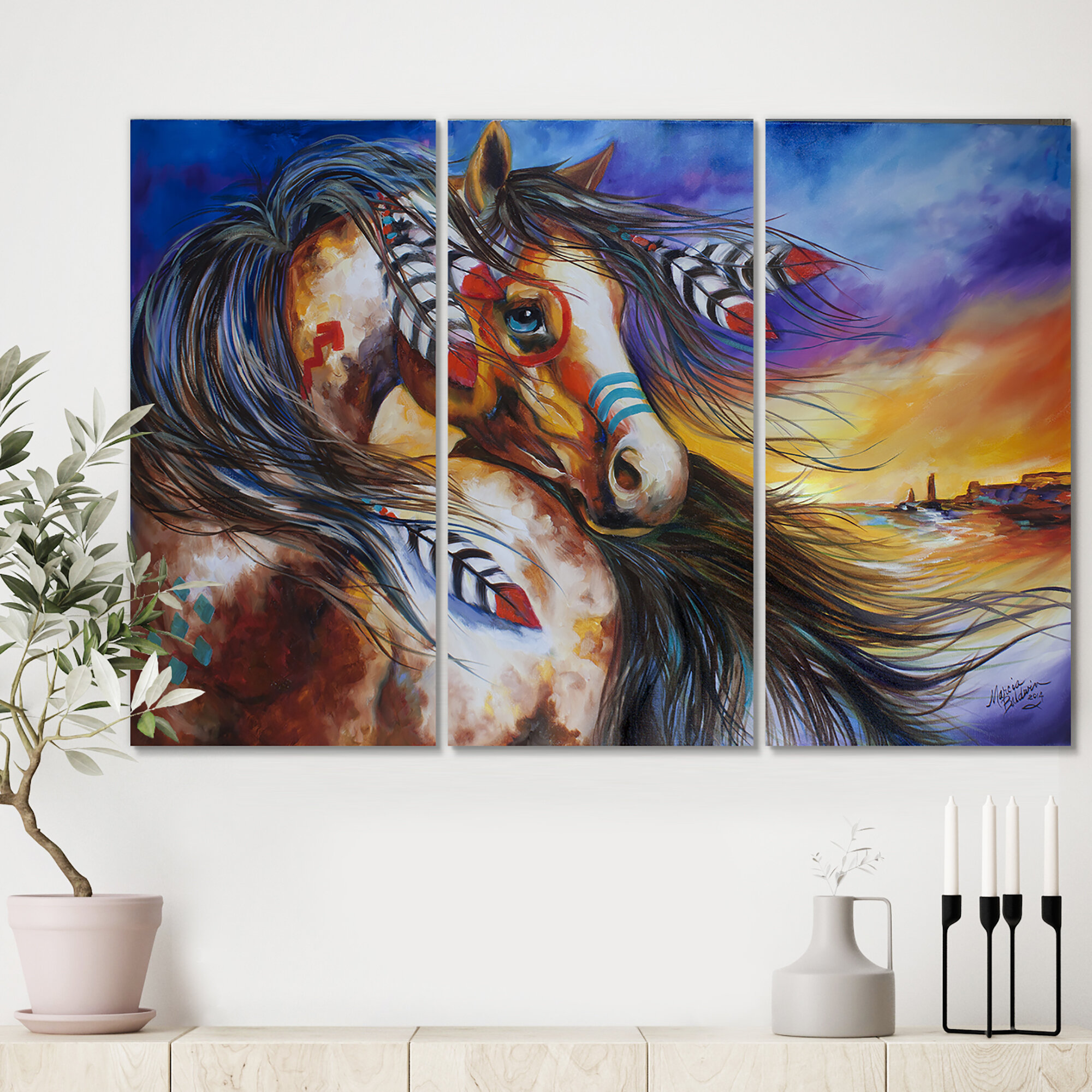 Bless international 5 Feathers Indian War Horse On Canvas 3 Pieces Painting