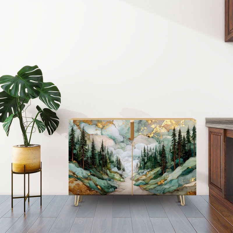 Buffet Buffet avec rangement Misty Evergreen Pines avec 2 portes pour le salon et la cuisine