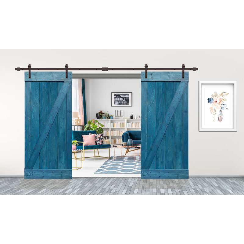 Porte de grange lambrissée peinte en bois et métal, Bleu océan, 42 po x 84 po