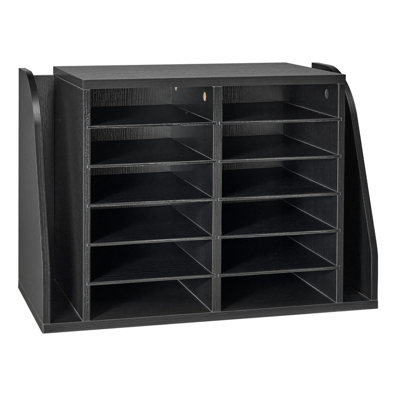 Literature Organizer, 12 Compartments Office Mailbox with Side Vertical Storage, Wooden Mailbox Sorter Made of Particle Board, Countertop Office Home  Organizer for File, Document, Paper, Black