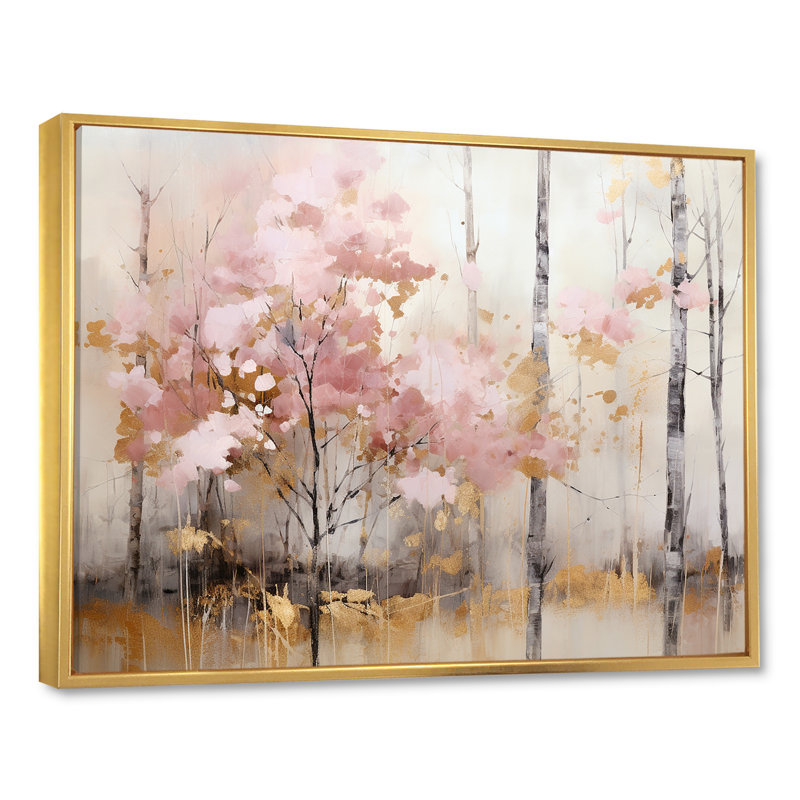 Minimalism Pink And Gold Forest On Canvas Print, 30" H x 40" W x 1.5" D, Gold Floater Framed
