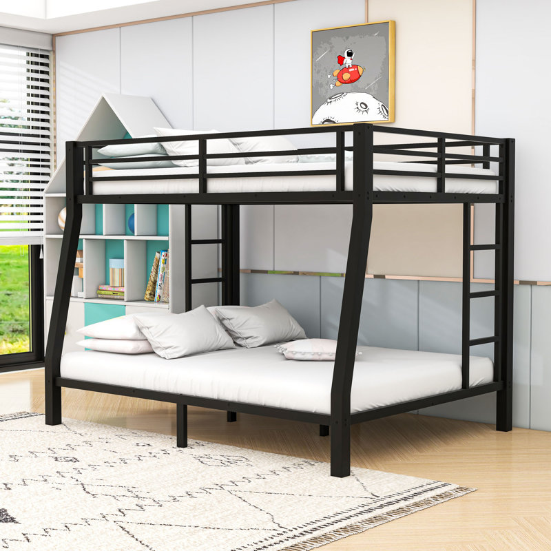 Metal Bunk Bed with Ladders and Guardrails and Slats, Full XL Over Queen
