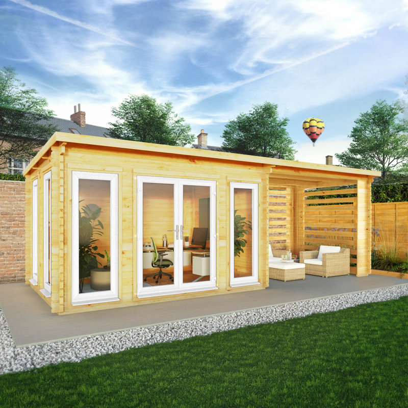 23ft x 10ft Studio Pent Log Cabin With Slatted Area With UPVC Windows & Doors (44mm), White/Natural Timber