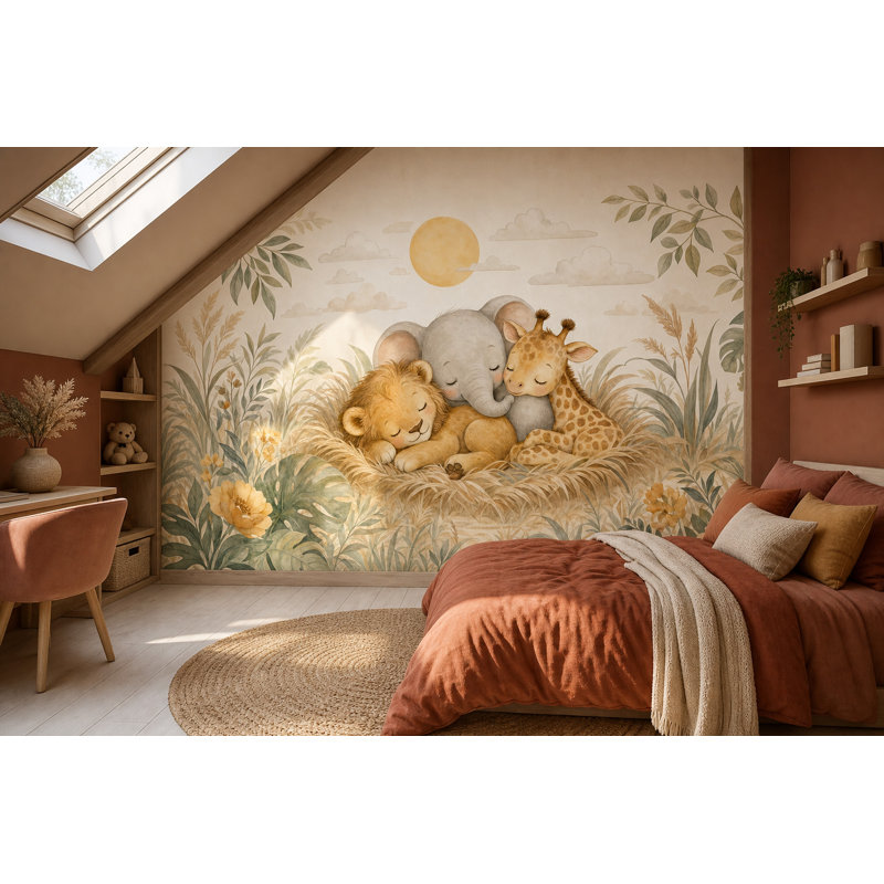 Murale de bébé lionne avec aquarelle, 100 po x 96 po, Texturé non collé